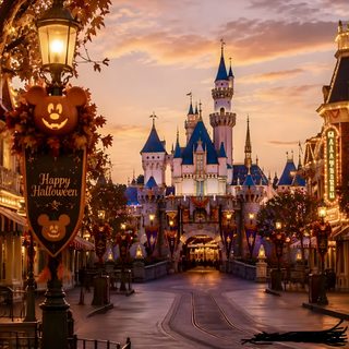 an amusement park at dusk with lights on Disneyland Halloween saddle brown