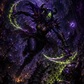 an image of a demon in the middle of a forest with purple and green lights World Of Warcraft Halloween black