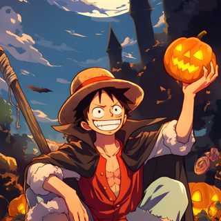 an anime character sitting on top of pumpkins Luffy Halloween One Piece Fall, One Piece Pumpkin, Luffy Pumpkin, Zorro And Luffy, dark olive green