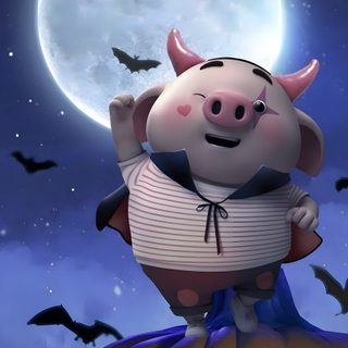 a pig sitting on top of a pumpkin in front of a full moon and bats Halloween Pig Piggie Pumpkin Character, Pig In Hello Kitty Costume, Cute Halloween Panda, dim gray