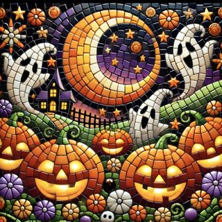 a mosaic painting with pumpkins and ghost faces Halloween Celtic Tiles Custom Halloween Tile Background, Color, Halloween, Home Décor, saddle brown