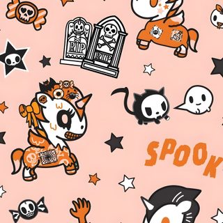 an image of halloween stickers on the back of a pink background with black and white cats Tokidoki Halloween Cutesy Halloween, Halloween Sanrio Desktop, Tokidoki Iphone, peach puff