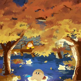 an image of a duck floating in the water next to trees and people on a boat Kirby Halloween Iphone Kirby Art, Kirby Fall, Kirby Thanksgiving, Fall Kirby, Orange Kirby, sienna