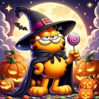 an orange cat wearing a witches hat and holding a lollipop in front of pumpkins Garfield Halloween Garfield October, Garfield Thanksgiving, Fall Garfield, dark slate gray