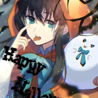 an anime character holding a clock with the caption happy halloween Halloween Muichiro Anime Halloween, Hello Kitty Iphone, Halloween Icons, Funny, Cute Comics, dim gray