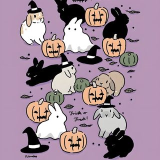 a bunch of rabbits and pumpkins on a purple background with the words happy halloween Halloween Rabbit Halloween Rabbit, Bunny Fall Aesthetic, Cute October Rabbit, dark gray