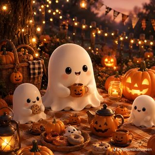 a group of ghost sitting on top of a table covered in pumpkins Halloween For Android saddle brown