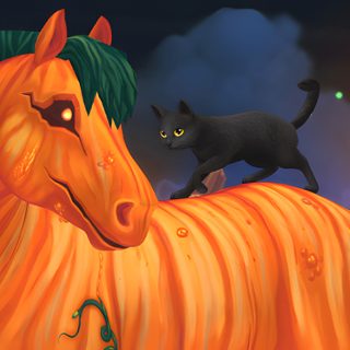 a black cat standing on top of an orange horse in front of a city at night Star Stable Halloween 1920x1080 Sso Halloween, Star Stable Halloween Background, Autumn Star Stable Background, dark slate gray
