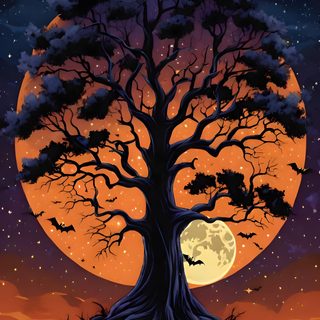 a tree with bats on it and the moon in the background Halloween Tree Images Of Halloween Trees, Halloween Tree Images, Halloween Tree Pictures, black