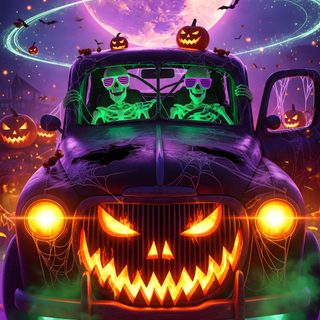 an old car with pumpkins on the hood in front of a full moon filled sky Halloween Car Spirit Of Halloween, Happy Halloween Pictures, Halloween Backgrounds, dark slate gray