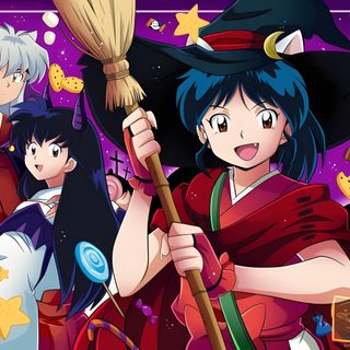 an anime character holding a broom and surrounded by other characters, including pumpkins and witches Inuyasha Halloween Inuyashas Birthday, Inuyasha Birthdays, Inuyasha Halloween, Inuyasha Witch, brown