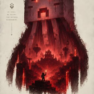 a movie poster for minecraft the ghost of the nether, with a man standing in front of a giant structure Minecraft Halloween sienna
