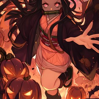 a cartoon character is surrounded by pumpkins Nezuko Kamado Halloween Nezuko Thanksgiving, Demon Slayer Halloween, Halloween Demon Slayer, saddle brown