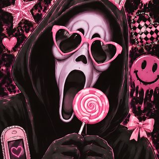 a painting of a person holding a lollipop in front of a teddy bear Pink Halloween Ghostface black