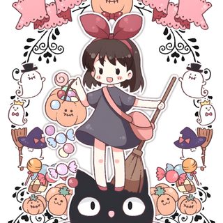 a girl is holding a black cat and wearing a pink bow, with halloween decorations around her Studio Ghibli Halloween Kikis Delivery Service Halloween, Halloween Studio Ghibli, Gibli Studio Halloween, snow