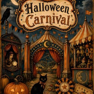halloween carnival poster with black cats and pumpkins in front of an ornate tent at night Halloween Carnival dark olive green