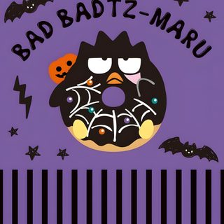 a donut with spooky eyes and bats on it that says bad batz - maru Badtz Maru Halloween Badtz Maru Vampire, Bad Badtz Maru, Badtz Mary, Tuxedo Sam Halloween, slate gray