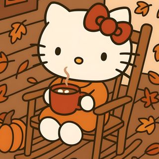 a hello kitty sitting in a rocking chair with a cup of coffee and pumpkins Halloween Hello Kitty Fall Hello Kitty Fall Ipad, Hello Kitty Fall Aesthetic, Hello Kitty Pumpkin Spice, sienna