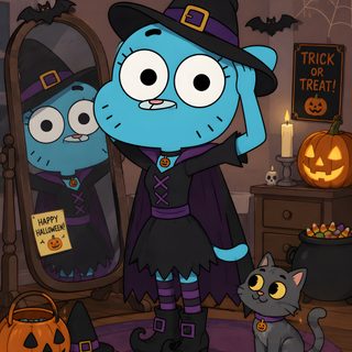 a cartoon character dressed up as a witch with two cats in front of a mirror Gumball Halloween dark slate gray