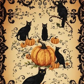 black cats and pumpkins on an orange background with ornate scrollwork around the edges Cute Retro Style Halloween Black Cats Halloween, Halloween Art, Phone, Home Decor, Home Décor, sienna