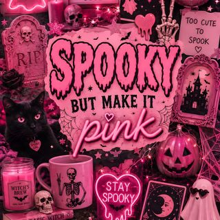a display with pink neon lights and halloween decorations Pink Baddie Halloween brown