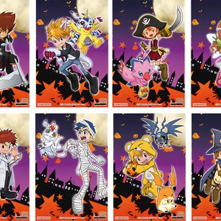 cartoon characters in halloween costumes with pumpkins and bats Digimon Halloween Digimon Halloween, Digimon Christmas, Digimon Birthday, Digimon Tri Digivice Colors, sienna