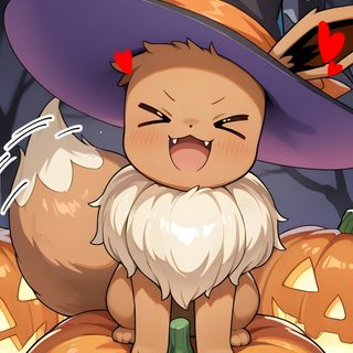 a cartoon cat wearing a witches hat sitting on top of a pumpkin with two jack - o'lanterns in the background Eevee Halloween Eevee Witch, Eevee, Eevee Evolutions, Witch, Pokemon, Drawings, indian red
