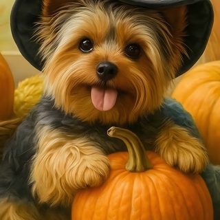 a painting of a dog wearing a witches hat and sitting on a pumpkin with its tongue out Yorkie Halloween Trick Or Treat, saddle brown