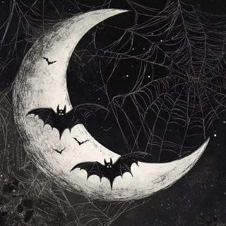 bats and spider webs are on the moon in this black and white painting by person Halloween Black black