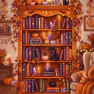 a book shelf filled with lots of books next to a cat sitting on top of a chair Halloween Bookshelf sienna