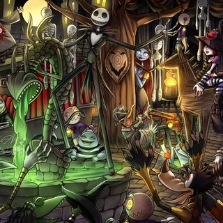 a group of cartoon characters standing in front of a halloween themed room with pumpkins Kingdom Hearts Halloween Halloween Town Nightmare Before Christmas, Kingdom Hearts Halloween Town Map, Kh2 Nightmare Before Christmas, dark slate gray