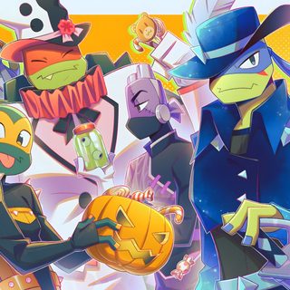 cartoon characters dressed up in halloween costumes and holding pumpkins, with an orange background Tmnt Halloween Rottmnt Group Photo, Tmnt New Years, Tmnt Halloween, Rottmnt Christmas Fanart, rosy brown