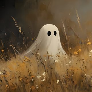 a painting of a ghost standing in the middle of a field with tall grass and yellow flowers Halloween Ghost Computer Ghost Illustration Art, Ghost In A Field Of Tall Grass, Halloween Decoration Ideas, dark olive green