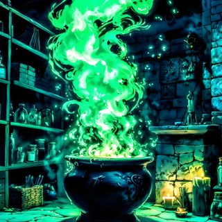 a large pot filled with green liquid sitting on top of a stone floor next to a fireplace Dnd Halloween Halloween Potion Background, Bubbling Cauldron, Black And Green Halloween, dark slate gray