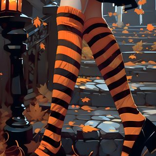 a woman in striped stockings and black boots walking down a street with leaves on the ground Happy Halloween Stockings dark slate gray