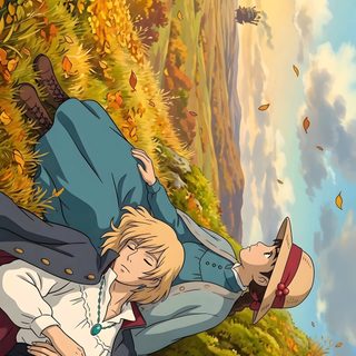 two people laying on the ground in front of an autumn scene with trees and leaves Ghibli Halloween Autumn Macbook, Ghibli Howls Moving Castle, Macbook Ghibli, Ghibli Pc, peru
