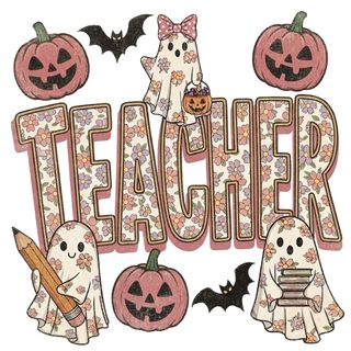 the word teacher is surrounded by halloween decorations and ghost characters, including bats, pumpkins, and jack - o'- lanterns Halloween Teacher old lace