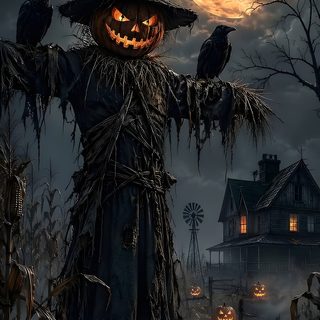 a scarecrow with two crows on his head and a full moon in the background Halloween Scarecrow dark slate gray