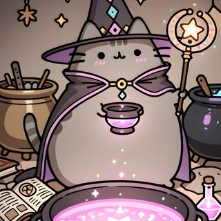 a cartoon cat wearing a witches hat sitting in front of a caulder filled with liquid Kawaii Kawaii Pusheen Halloween Halloween Pusheen, Pusheen Halloween, Pusheen Witch, dim gray