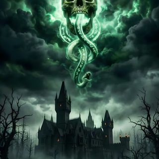 an image of a scary castle with a skull in the air and tentacles coming out of it Slytherin Halloween The Dark Mark Harry Potter, Dark Mark, Dark Mark Over Hogwarts, dark slate gray