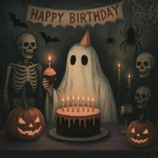 a birthday cake with candles on it and two skeletons sitting in front of the cake Halloween Birthday Spooky Birthday Gif, Happy Birthday Spooky Gif, Happy Halloween Birthday Pictures, dark slate gray