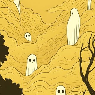 an image of halloween scene with ghost on the hill and trees in the foreground Cute Yellow Halloween Ghost Shrimp, Ghost, Yellow, sandy brown