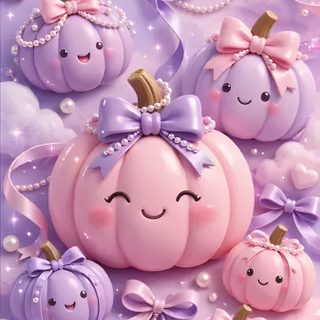 a painting of pumpkins with faces on them and bows around their necks, all in pastel colors Halloween Puffy plum