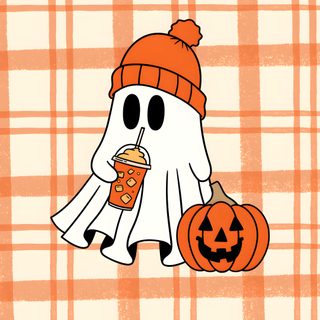 an orange and white checkered background with a cartoon ghost holding a drink in it's hand Preppy Halloween Ghost Preppy Halloween, Fall Background, Halloween, Cute, peach puff