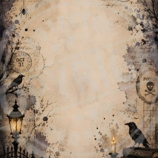 an old paper with a crow sitting on top of some books and two pumpkins Halloween Scroll Halloween, rosy brown