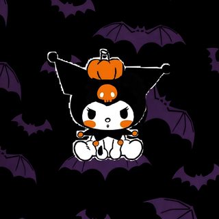 an image of a cartoon character with bats in the background on a purple and black wallpaper Halloween Cute Kuromi Halloween Kuromi Autumn, Pastel, Hello Kitty, Kitty, black