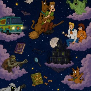 cartoon characters flying in the sky with clouds and stars above them, including an image of a Scooby Doo Halloween Iphone Scooby Doo Mobile, Villains Background, Scooby Doo Summer, black