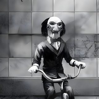 a drawing of a person riding a bike with the words i want to play a game written on it Halloween 2 Saw Horror, Billy The Puppet Black And White, Saw Jigsaw, Jigsaw Horror, Billy The Puppet, gray