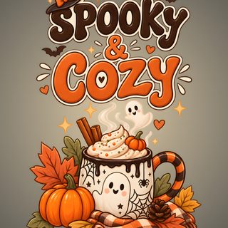 a cup of hot chocolate with whipped cream and spooky and cozy written on it Cute Halloween Coffee dim gray