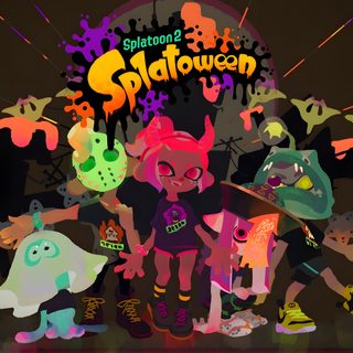 an image of some cartoon characters in front of a dark background with neon colors and splatters Splatoon Halloween Splatoon 3 Cover Art, Splatoon Promotional Art, Splatoween, Splatoon Poster Art, black